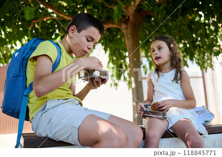 Children enjoying lunch outdoors under a tree 118845771