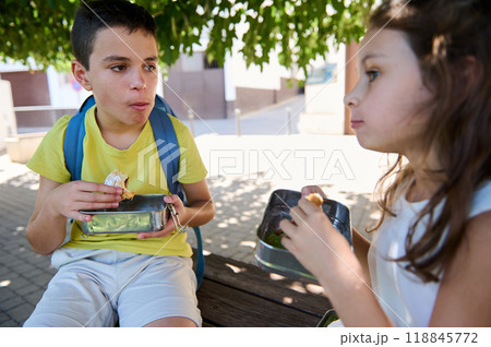 Children enjoying lunch outdoors with lunchboxes under tree shade 118845772
