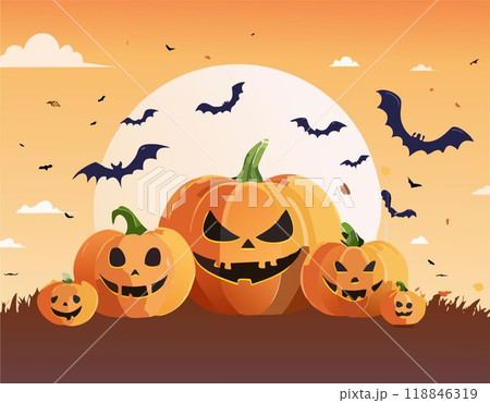 Happy Halloween banner. Vector Happy Halloween. Pumpkins and bats. Happy Halloween banner. Vector Happy Halloween. Pumpkins and bats. 118846319