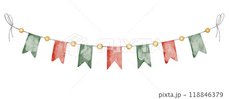 Watercolor illustration of Banner with red and green Pennant Flags and for Party decorations or holiday greeting cards. Drawing of New Year garland or string for invitations. Seasonal decor. 118846379