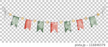 Watercolor illustration of Banner with red and green Pennant Flags and for Party decorations or holiday greeting cards. Drawing of New Year garland or string for invitations. Seasonal decor. 118846379
