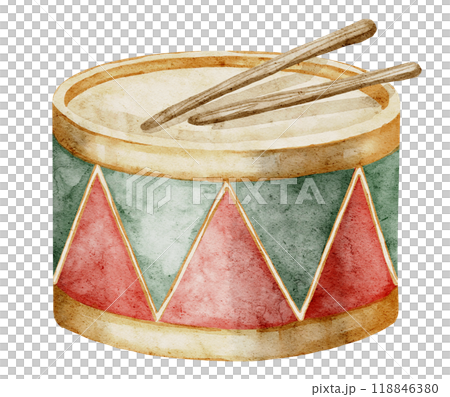 Watercolor illustration of a classic Drum with Drumsticks on isolated background for Music themed designs. Drawing of retro Baby Toy. Vintage musical instrument for greeting cards or invitations. 118846380