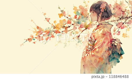 春の花と着物の女性 118846488