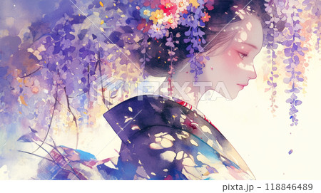 藤の花と着物の女性 118846489