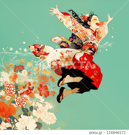 勢いよくジャンプする着物の女性 勢いよくジャンプする着物の女性 118846571