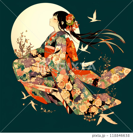 月夜と着物の女性のイラスト素材 [118846638] - PIXTA