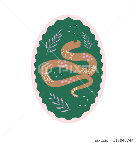 Oval stamp with snake and leaves. Reptile animal circular sticker. Vector hand drawn flat emblem 118846744