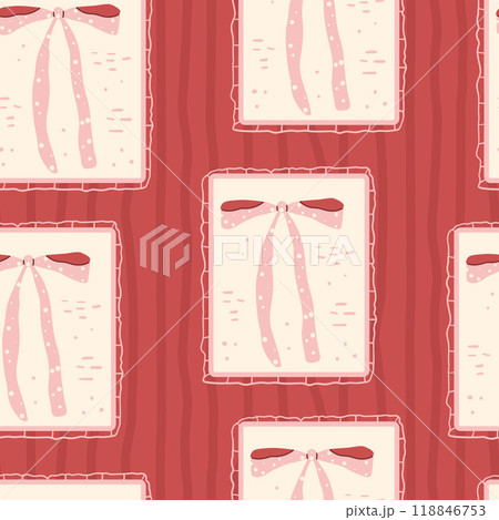 Bow in frames seamless pattern. Retro stickers endless background. Festive ribbon surface pattern design motif. Vector hand drawn illustration. Bow in frames seamless pattern. Retro stickers endless background. Festive ribbon surface pattern design motif. Vector hand drawn illustration. 118846753