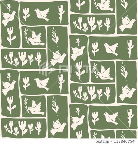 Birds patchwork seamless pattern with various floral elements arranged in rectangular segments. Pigeons with flowers. Perfect for home decor or textile patterns. Vector hand drawn flat illustration. 118846754