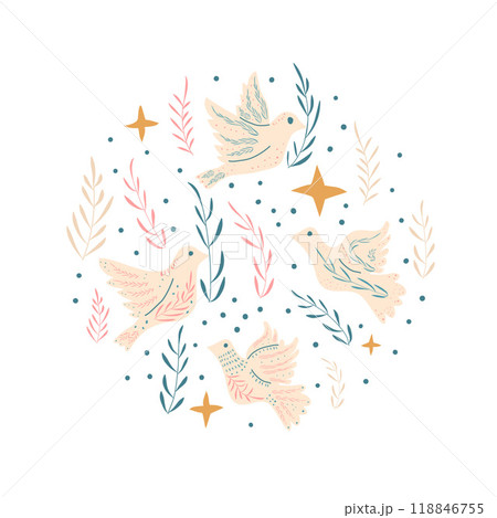 Doves of peace vector round set. Flying pigeon holding an olive branch and stars circular emblem. Vector hand drawn birds collection illustration isolated on white background. 118846755