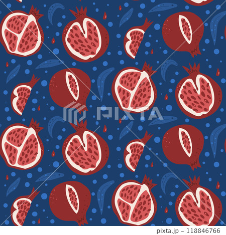 Pomegranates seamless pattern. Various fruits dark continuous ornament. Vector hand drawn illustration. Pomegranates seamless pattern. Various fruits dark continuous ornament. Vector hand drawn illustration. 118846766