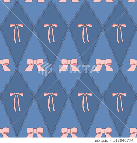 Pink Bowknots geometric seamless pattern. Decorative band rhombus endless background. Bows blue continuous ornament. Vector hand drawn doodle illustration. 118846774