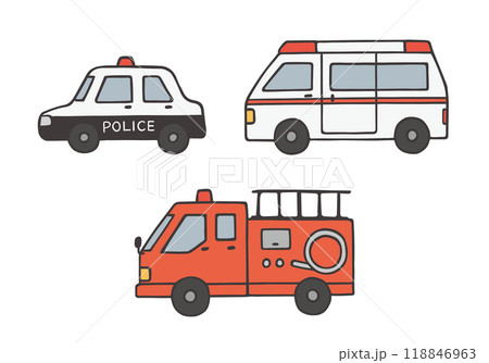 パトカー・救急車・消防車の手描きイラストセット パトカー・救急車・消防車の手描きイラストセット 118846963