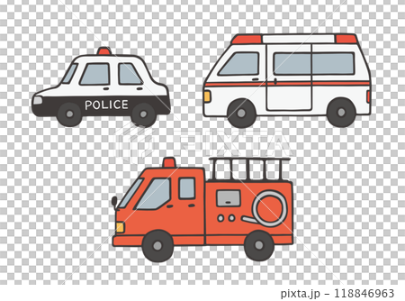警車、救護車和消防車的手繪插圖集 118846963