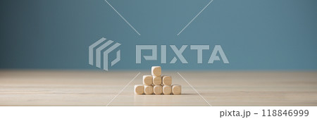 Wide view image of blank wooden dices stacked in pyramid shape Wide view image of blank wooden dices stacked in pyramid shape 118846999