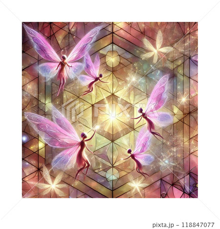 妖精たちとステンドグラスから漏れるあかり　Five Fairies　AIイラスト 118847077
