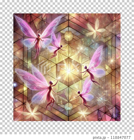 妖精たちとステンドグラスから漏れるあかり　Five Fairies　AIイラスト 118847077