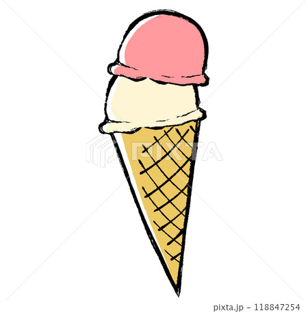 筆タッチのコーンにのった二段重ねのアイスクリームのイラスト 118847254