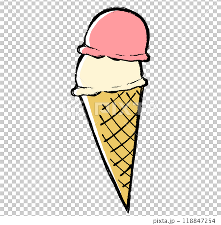 筆タッチのコーンにのった二段重ねのアイスクリームのイラスト 118847254