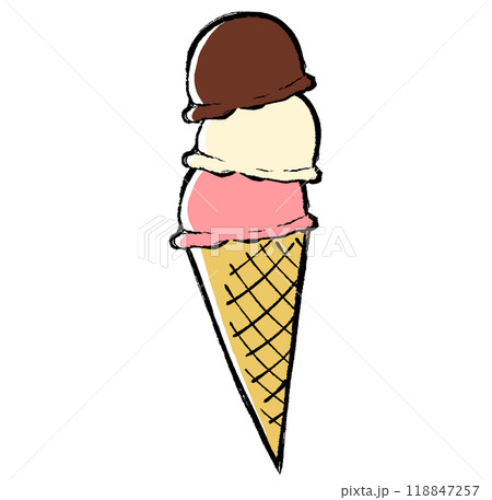 筆タッチのコーンにのった三段重ねのアイスクリームのイラスト 118847257