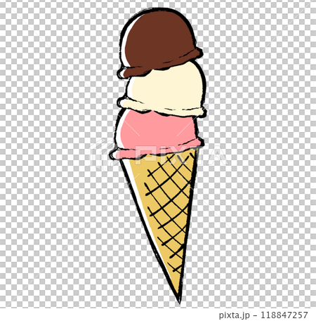 筆タッチのコーンにのった三段重ねのアイスクリームのイラスト 118847257