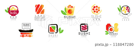 Sushi Bar Logo Design with Japanese Food Vector Set 118847280