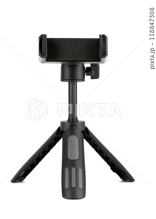 Assembled black tripod with phone mount on white background. Assembled black tripod with phone mount on white background. 118847308