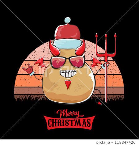vector funny cartoon cute demon potato with santa claus red hat, fangs, trident and red wings isolated on sun background. Childrens Merry Christmas greeting card with funny monster elf Santa Claus. 118847426