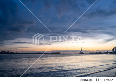 Sunset Silhouette of Tamsui Bridge. Sunset Silhouette of Tamsui Bridge. 118847682