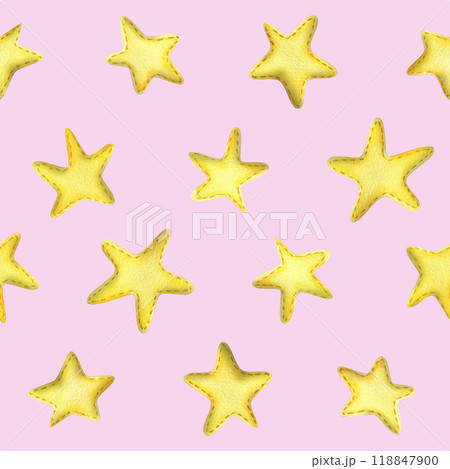 Yellow stars sewn from fabric with thread stitches. Watercolor illustration, hand drawn. Seamless pattern on a pink background. 118847900