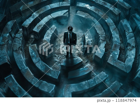 Man in maze. Lost businessman in puzzle search exit solution and strategy. Confused business people. Mind confusion, choice of idea in labyrinth Man in maze. Lost businessman in puzzle search exit solution and strategy. Confused business people. Mind confusion, choice of idea in labyrinth 118847974