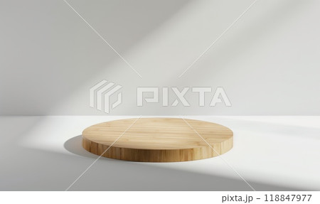 Wooden stage for mockup business product. Modern cosmetic stand. Minimal showcase. Empty wood podium. Mock up circle pedestal. Presentation scene template for show 118847977