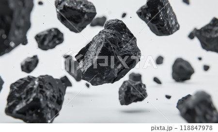 Falling coal rock. Isolated flying black stone. Fall charcoal fuel. Dark fossil group. Resource material background 118847978