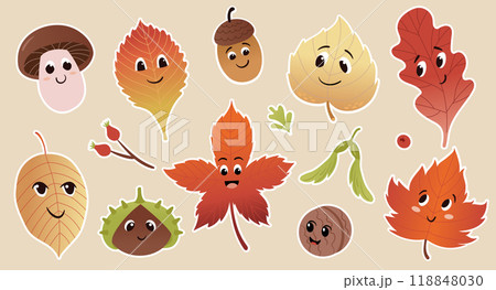 Cute autumn characters. Sticker set. Leaves, mushroom, nuts. Funny anthropomorphic faces. Vector colorful illustration set. 118848030