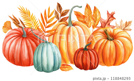 Pumpkins, leaves isolated white background, watercolor painting fall illustration, Festive holiday decorations clip art 118848293