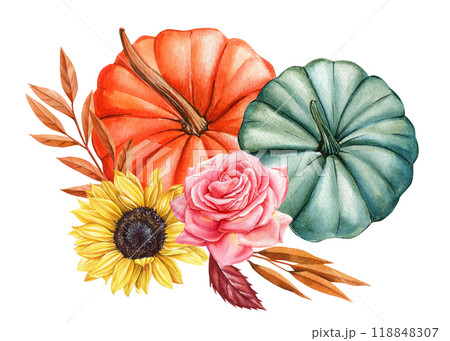 Pumpkins, dry leaves, rose and sunflowers isolated, watercolor fall illustration, Festive holiday decorations clip art Pumpkins, dry leaves, rose and sunflowers isolated, watercolor fall illustration, Festive holiday decorations clip art 118848307