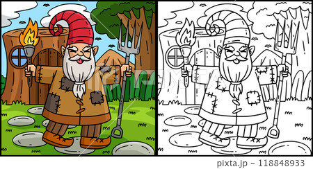 Gnome with a Torch and Pitch Fork Illustration 118848933