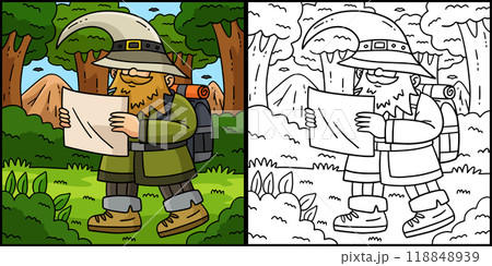 Camping Gnome Coloring Page Colored Illustration 118848939