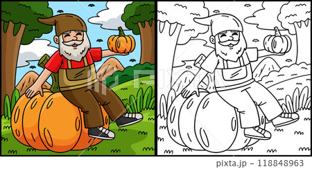 Gnome Sitting on a Pumpkin Coloring Illustration Gnome Sitting on a Pumpkin Coloring Illustration 118848963
