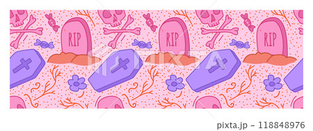 Spooky cute halloween pattern with grave and coffin. Stock vector illustration in cartoon style with outline. Spooky cute halloween pattern with grave and coffin. Stock vector illustration in cartoon style with outline. 118848976