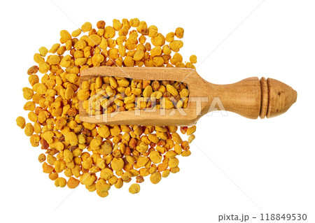 Bee pollen grains in wooden scoop isolated on white background. Top view. Flat lay 118849530