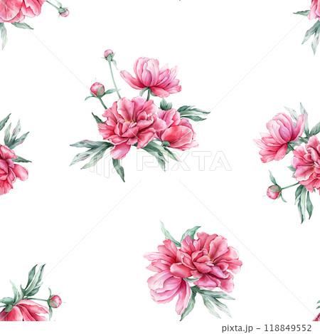 Seamless pattern with watercolor bouquet of pink peony flowers in full bloom. Hand drawn illustration beautiful floral flower. Repeat wallpaper with summer botanical plant on isolated. Seamless pattern with watercolor bouquet of pink peony flowers in full bloom. Hand drawn illustration beautiful floral flower. Repeat wallpaper with summer botanical plant on isolated. 118849552