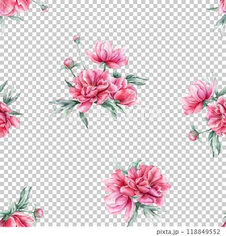 Seamless pattern with watercolor bouquet of pink peony flowers in full bloom. Hand drawn illustration beautiful floral flower. Repeat wallpaper with summer botanical plant on isolated. 118849552
