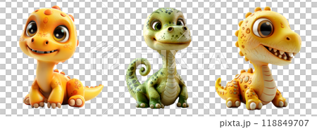Three cheerful cute dinosaurs with big eyes isolated on transparent, with its playful charm and friendly expression 118849707