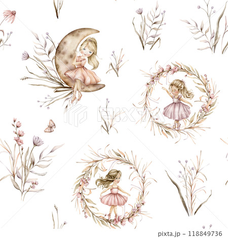 Seamless pattern with young ballerinas and boho plants elegant wreath. Hand drawn illustration girl in pink dress and blond hair sitting on moon. Cute watercolor repeat ornament for baby girl nursery. 118849736