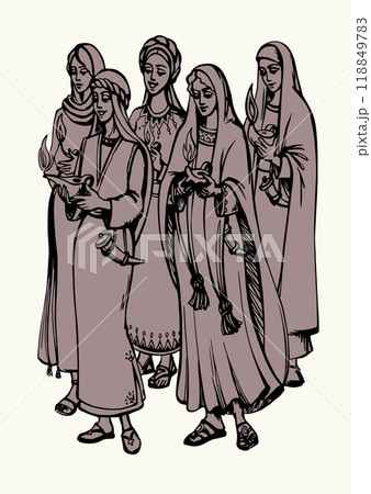 Vector drawing. 5 girls with lamps 118849783
