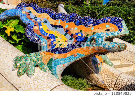 Multicolored mosaic dragon salamander of Gaudi in Park Guell, Barcelona, Spain Multicolored mosaic dragon salamander of Gaudi in Park Guell, Barcelona, Spain 118849829