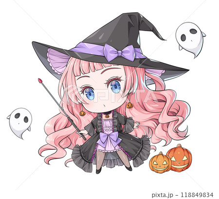 指し棒を持つピンク髪のハロウィンの魔女【アニメ風のちびキャラ】 118849834