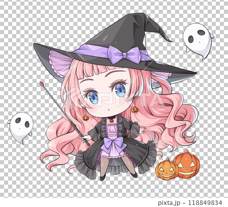 指し棒を持つピンク髪のハロウィンの魔女【アニメ風のちびキャラ】 118849834