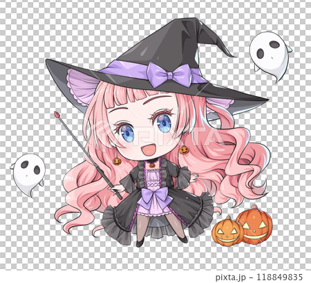 粉紅色頭髮的萬聖節女巫手持教鞭[動漫風格的赤壁人物] 118849835